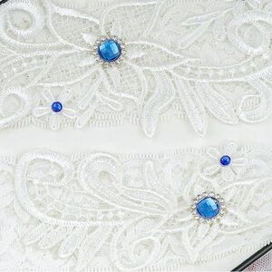 Elegant off White Lace Garter with Blue Gemstones